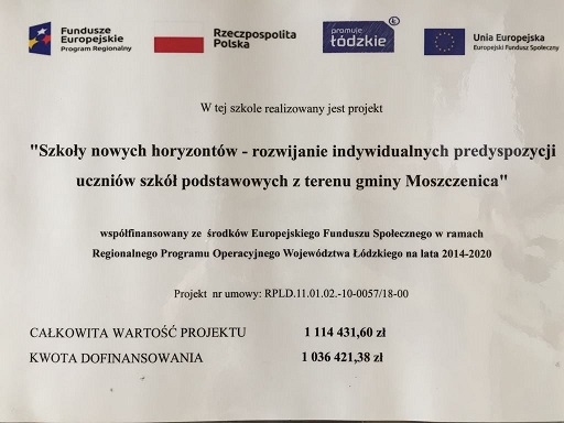 Projekt  ,,Szkoły nowych horyzontów - rozwijanie indywidualnych predyspozycji uczniów szkół podstawowych z terenu Gminy Moszczenica''