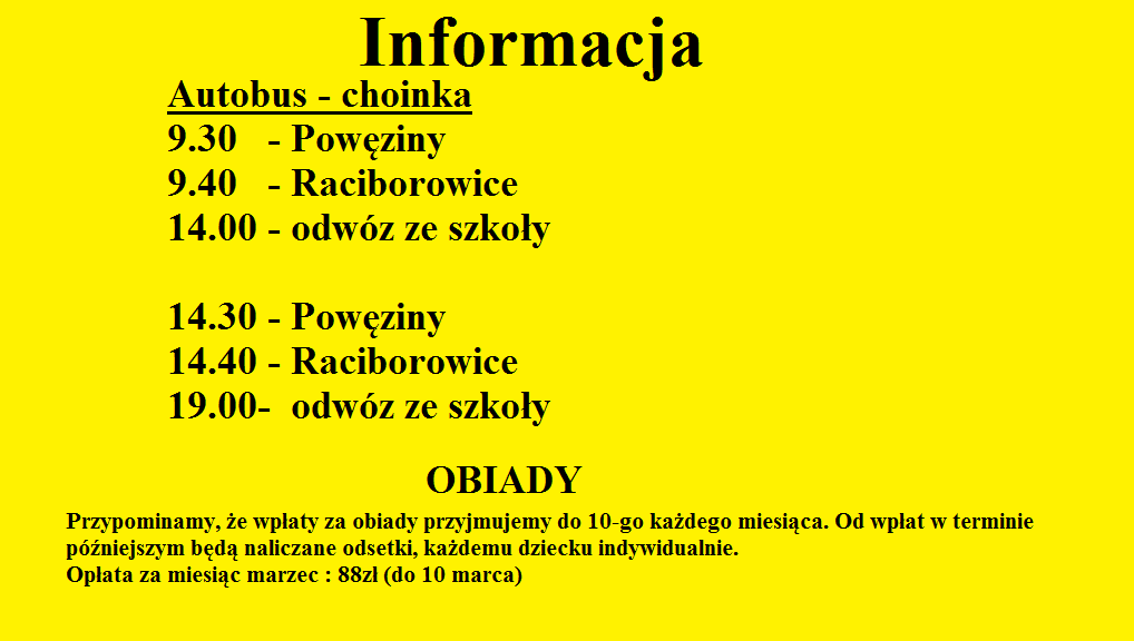 Informacja dotycząca autobusu na choinkę i obiadów.